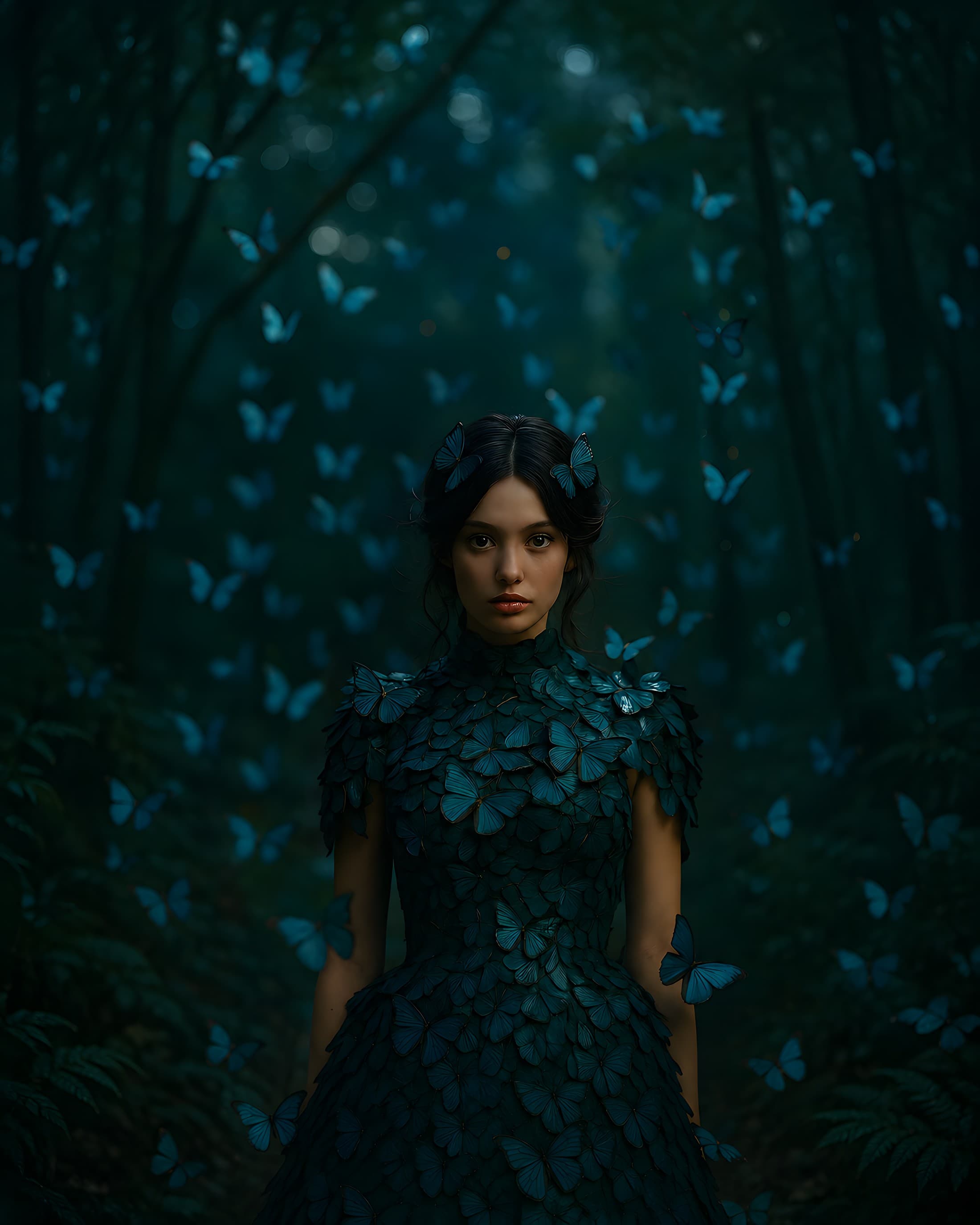 Frau im Schmetterlingskleid im nächtlichen Wald — Zaira Beauty